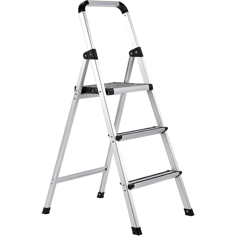 BirdRock Home 3-Step Aluminum Step Ladder - Sturdy Thin Folding Stool - 3 Anti-Slip Steps - Wide Platform