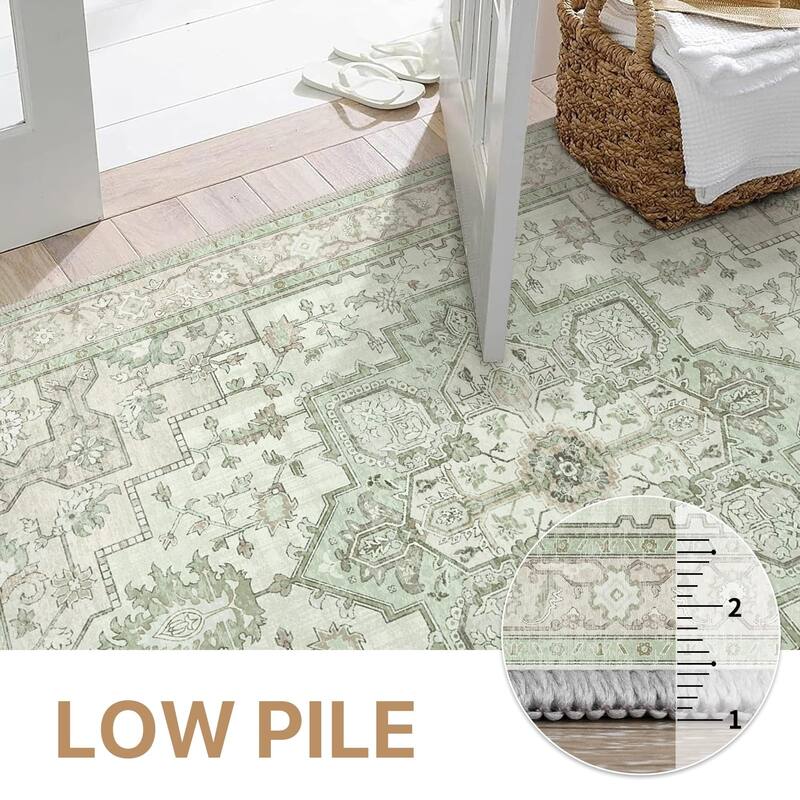 Mcow Green Floral Faded Low Pile Machine Washable Non-Slip Area Rug - 2'X6'