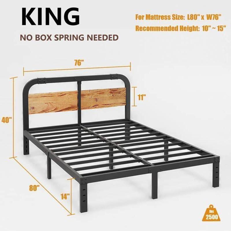 Black Metal Platform Bed Frame with Rustic Wood Headboard and Strong Steel Slats Under Bed Storage