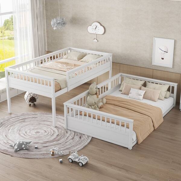 slide 2 of 26, Full XL Size Loft Bed & 3 Sided Guardrails Queen Size Platform Bed, Full XL Over Queen Bunk Bed with Guardrails and Ladder Off White - Queen