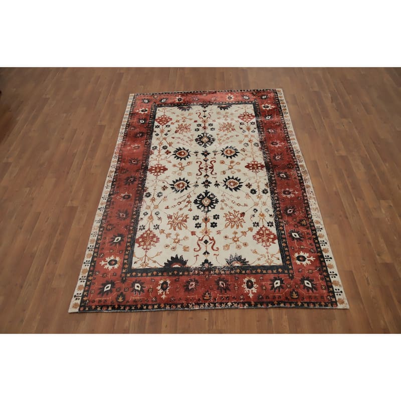 Hand Knotted Oriental Viscose Silk Carpet Transitional All-Over Beige & Ivories Oushak Area Rug - 7' 8'' X 5' 0''