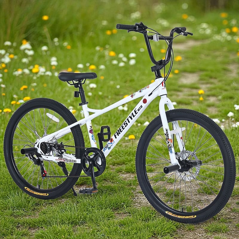 26 Inch Kids Freestyle Mountain Bike, Boys & Girls 12+, Shimano 7-Speed Steel Frame with Dual Disc Brakes - White