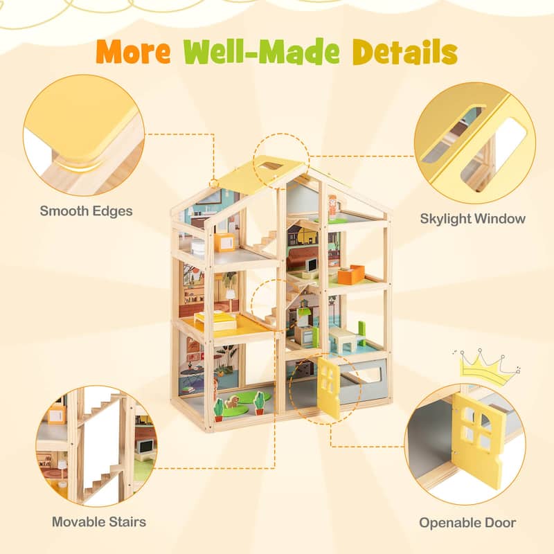 Costway Kids Wooden Dollhouse with 7 Rooms 18 Pcs Furniture - Natural - See Details