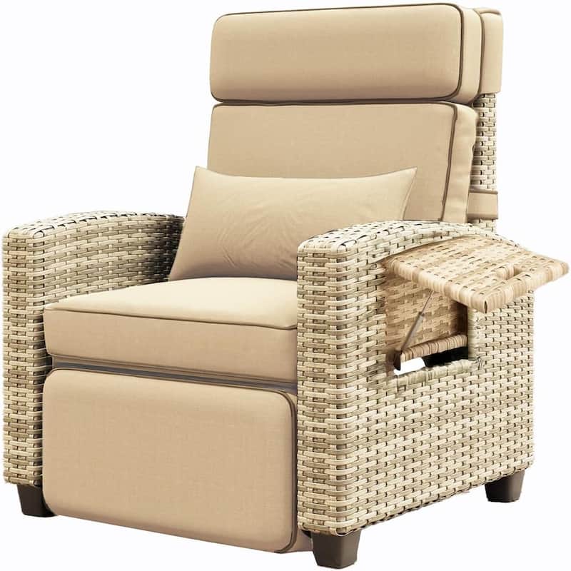 Outdoor Recliner Chair with Side Table Adjustable 145° Reclining Lounge Chair with Cushion and Footrest - Brown