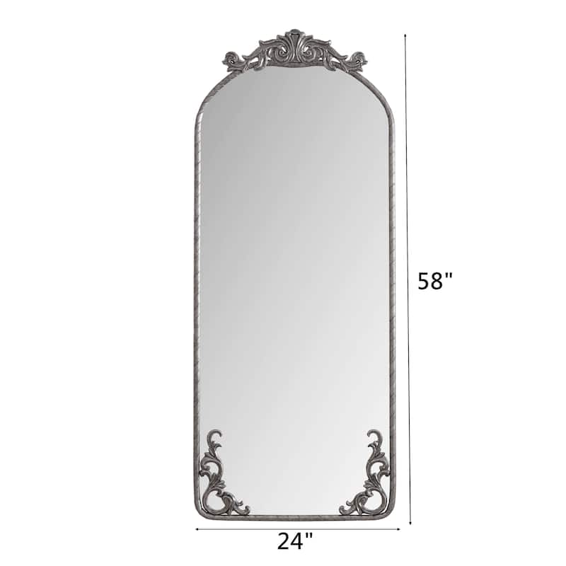 58"x24" Arched Full Body Mirror with Vintage Ornate Carved Applique on Top and Bottom, Hanging Wall Mounted Mirror