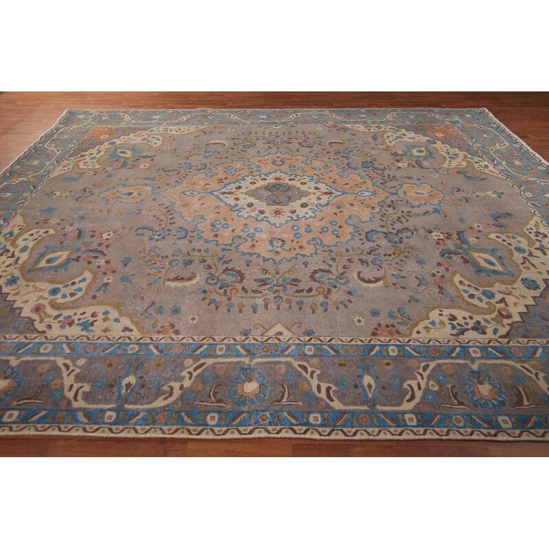 Overdyed Gray Tabriz Persian Vintage Area Rug Handmade Wool Carpet - 9'8" x 12'7"