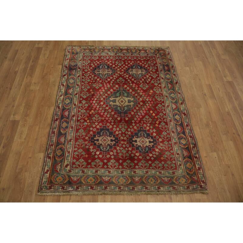 Hand Knotted Oriental 100% Wool Carpet Traditional Tribal Red Shiraz Area Rug - 5' 2'' X 3' 10''