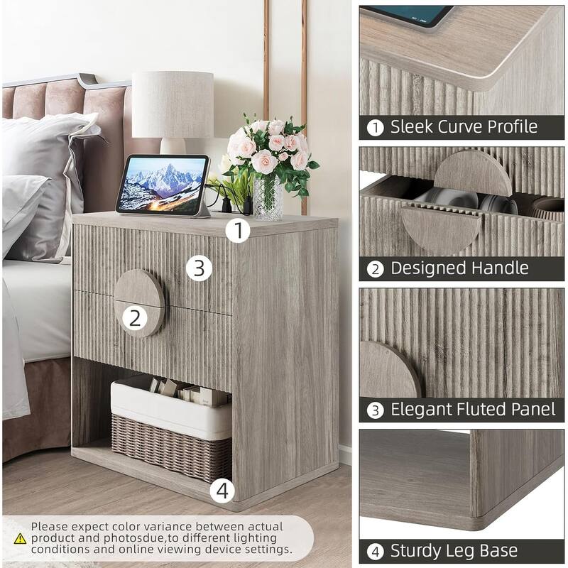 Nightstand Wide Fluted Nightstand with Charging Station - 2-drawer
