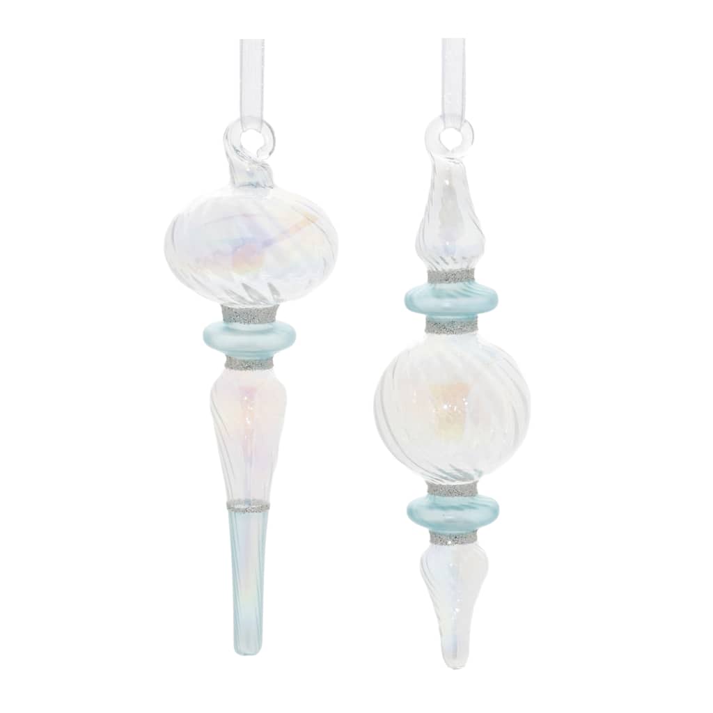 Set of 12 Iridescent Glass Finial Drop Ornaments – Blue & Clear Ribbed Holiday Decorations with Assorted Designs