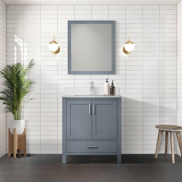 slide 7 of 7, Jacques 30 in. W x 22 in. D Dark Grey Bath Vanity, White Quartz Top, Faucet Set, and 28 in. Mirror Grey - Chrome Finish - Single Vanities