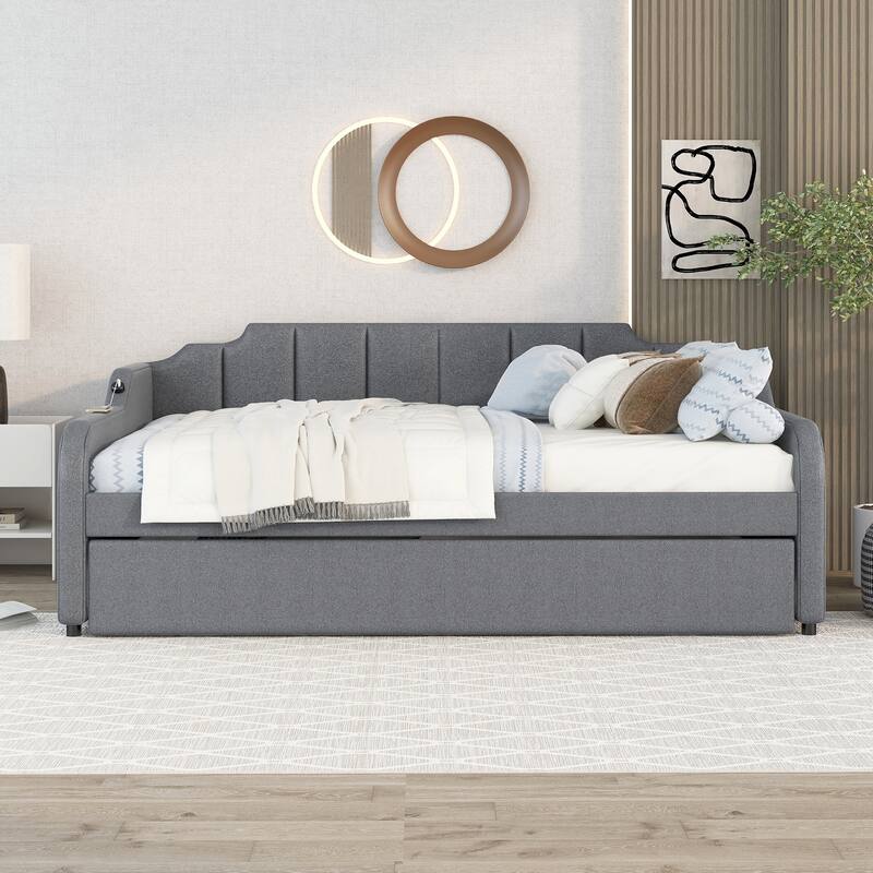 Full Size Upholstery Daybed Frame with USB Charging Design and Pull-out Trundle Bed for Bedroom Guest Room, Gray
