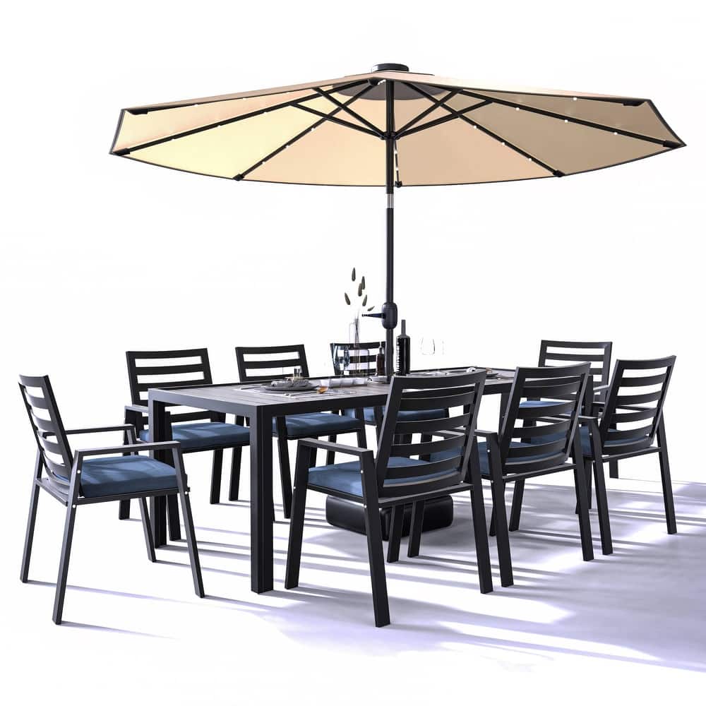 Chelsea 9-Piece Rectangular Outdoor Aluminum Fixed Table Dining Set with Plush Foam & Removable Cushion Covers for Patio Garden