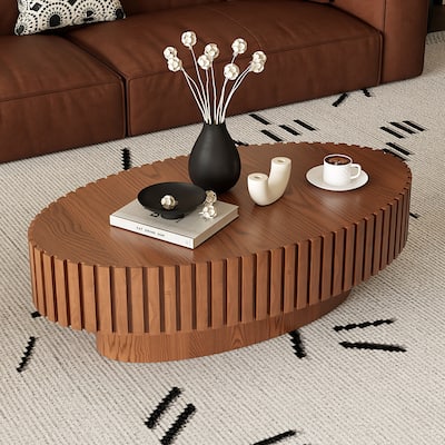 Modern Oval Coffee Table Stylish Coffee Table Olive Shaped Coffee Table with Handmade Relief and Base, for Living Room