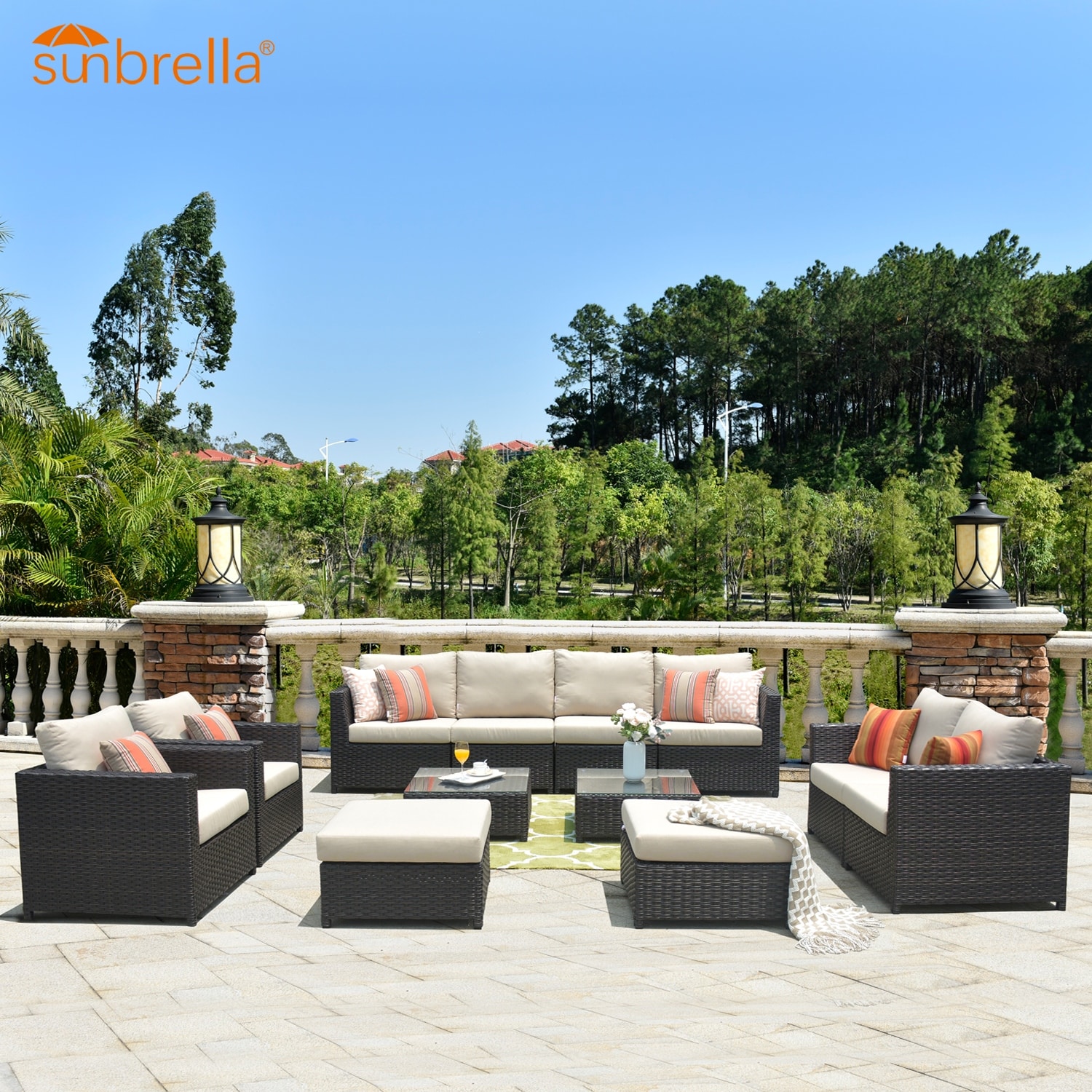 Shop Ovios Patio Furniture 12 Pc Outdoor Pe Wicker Sunbrella Sectional Set With 4 Pillows And 2 Covers Overstock 29187007