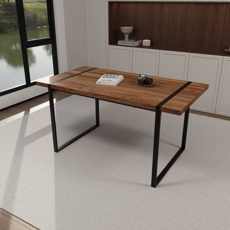 59 " dining table modern industrial rectangular, 1.5" thick engineering wood tabletop and black rectangular metal legs