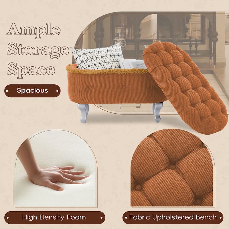 Roomfitters Upholstered Storage Bench with Button Tufted Top, End of Bed Bench with Fringe and Curved Legs