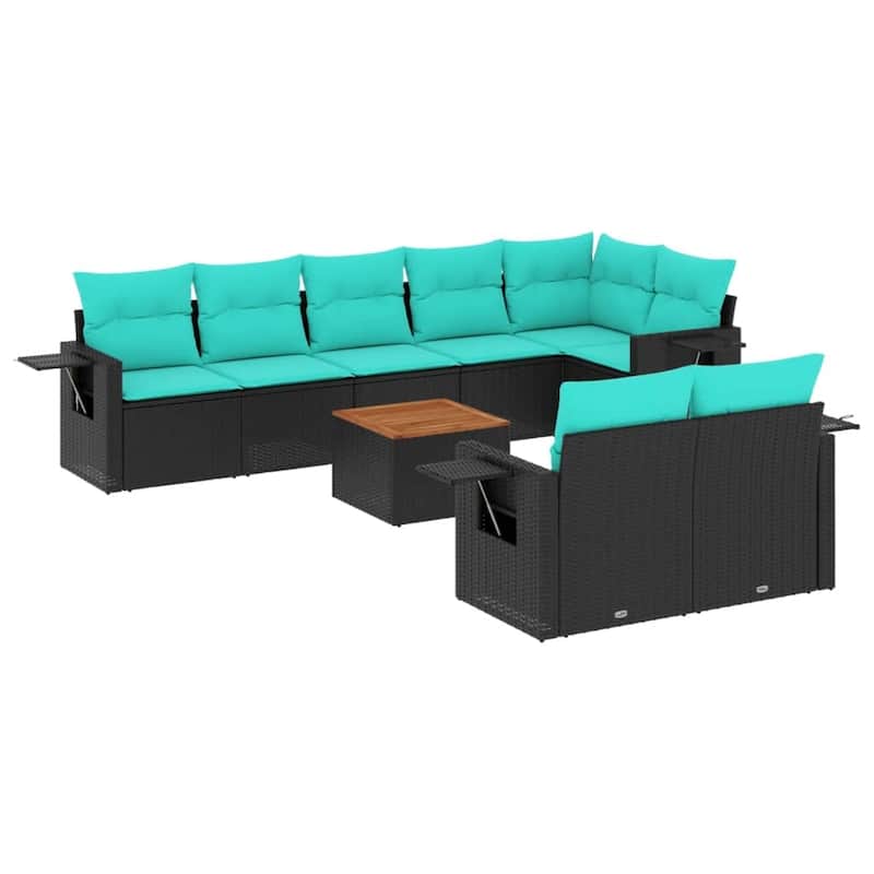 vidaXL 9 Piece Patio Sofa Set with Cushions Black Poly Rattan - 24.4" x 24.4" x 27.2"