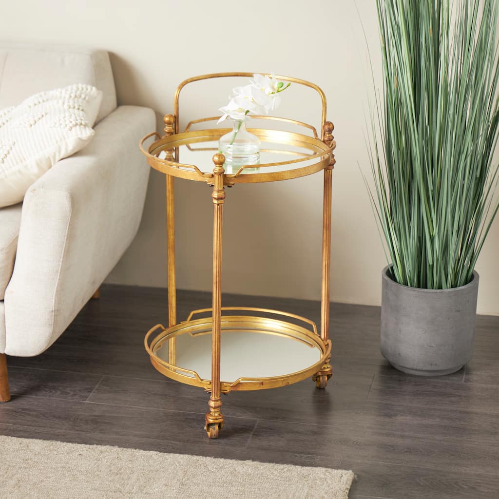 Brass Metal Rolling 2 Mirrored Shelves Bar Cart with Wheels and Handle