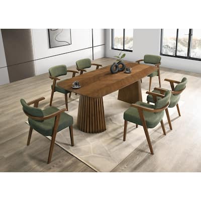 Modrest Sacks Mid-Century Modern Green Fabric & Herringbone Walnut Dining Set