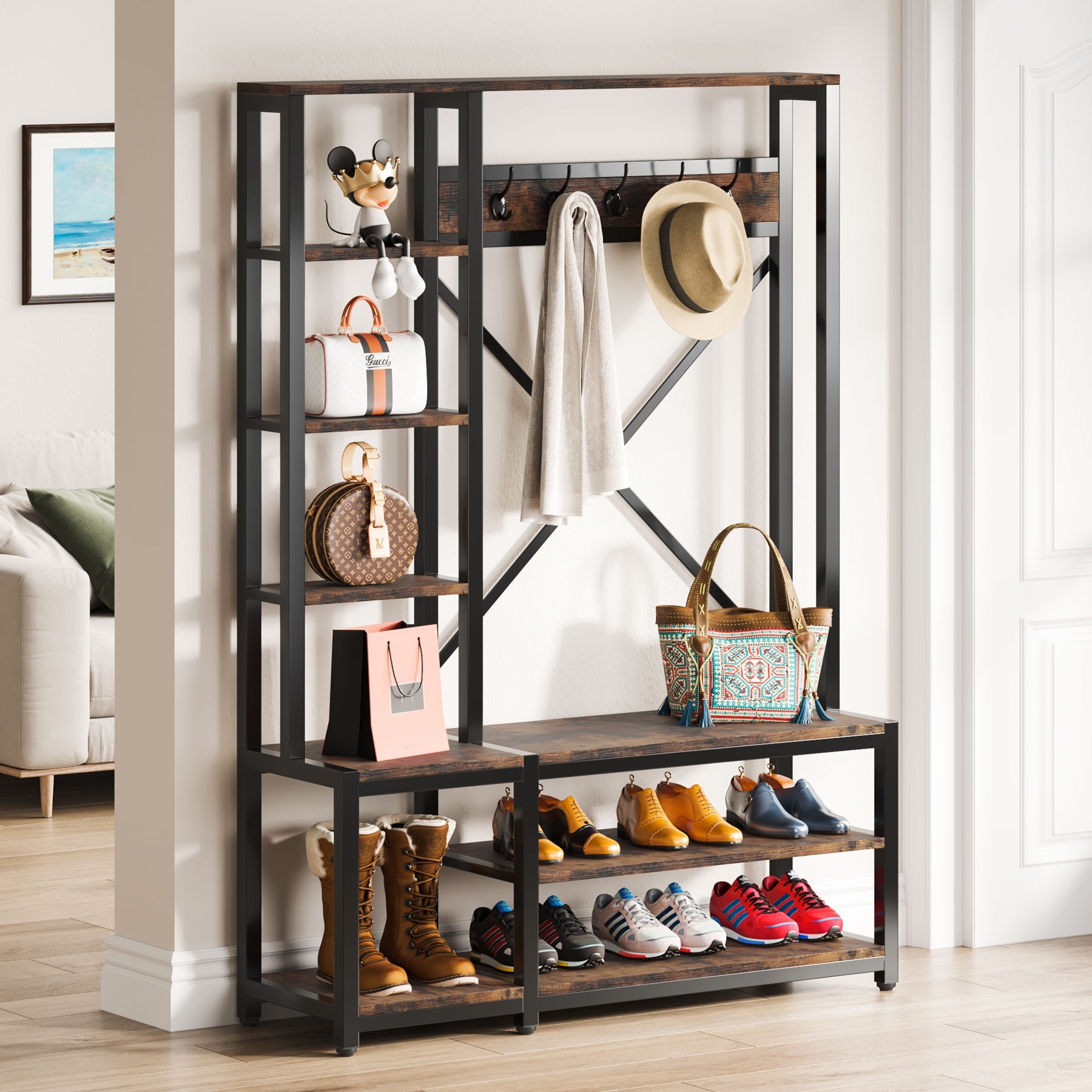 Coat Rack, Hall tree, Shoe Bench, 5-in-1 Shoe Rack for Entryway, 3 storage  shelves, 8 Hooks Removable,Industrial Accent Furniture with Steel Frame,  Multifunctional Hallway Organizer