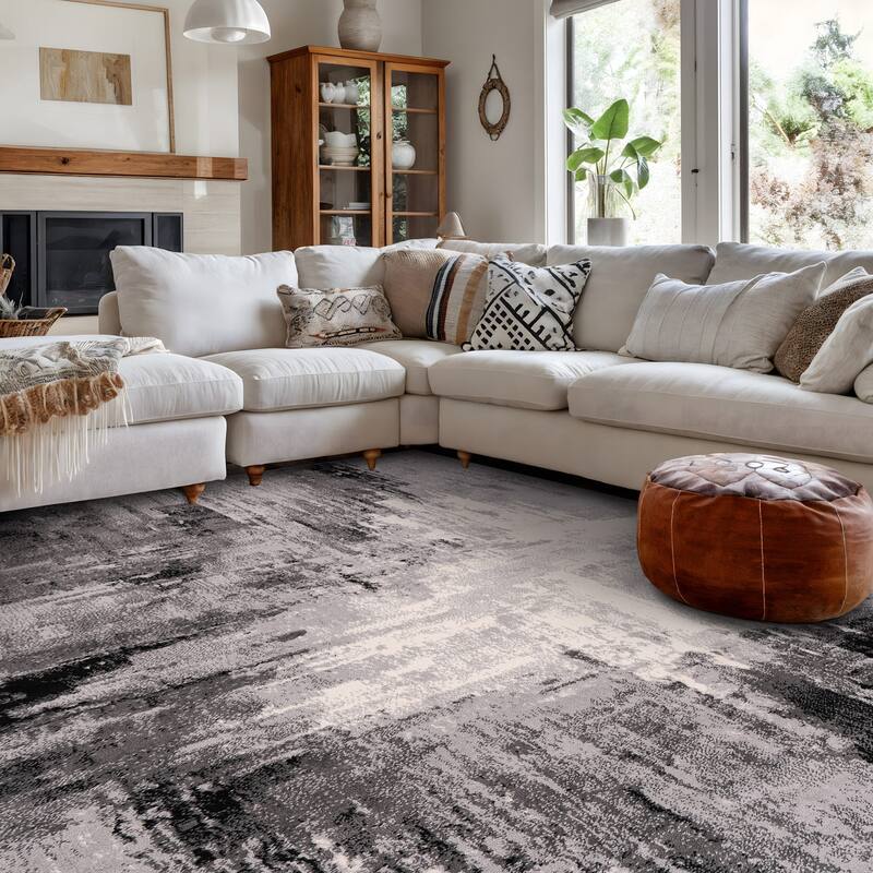 World Rug Gallery Bari Contemporary Abstract Art Area Rug - 5' x 7' - Black - Runner