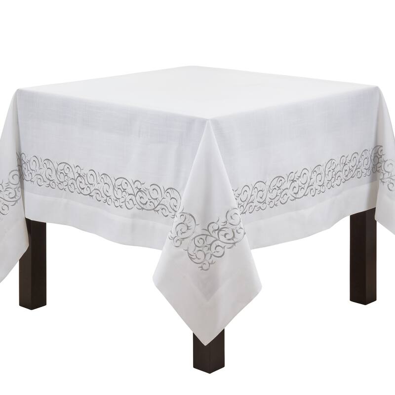 Embroidered Design Scroll Tablecloth - 72" - Silver