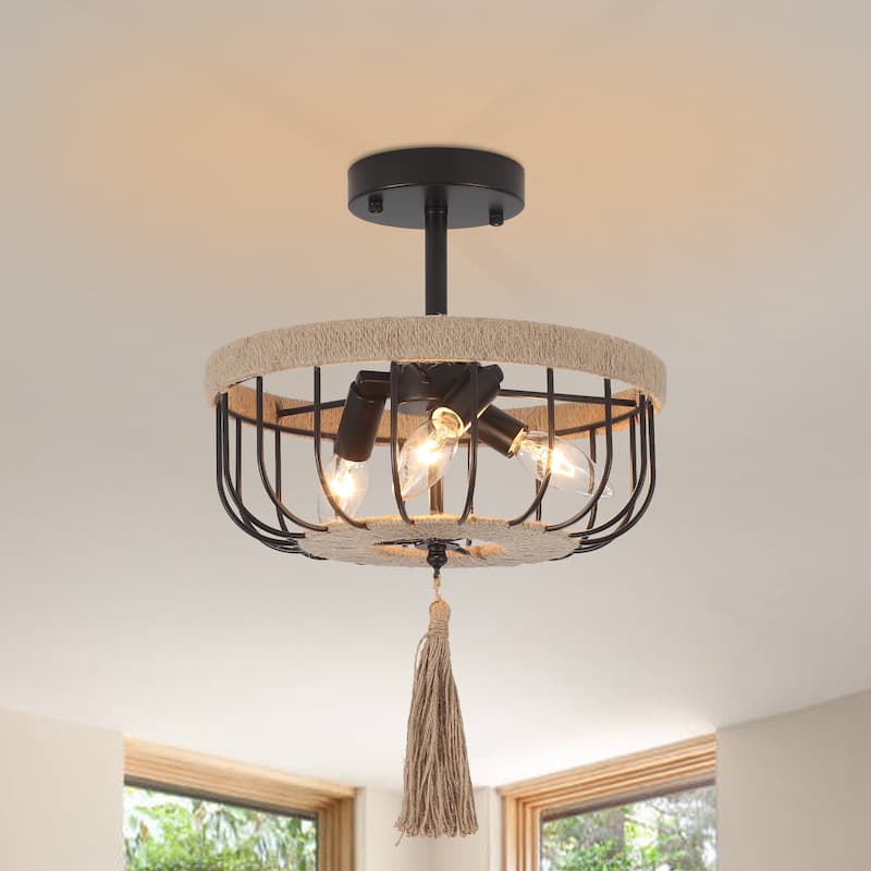 3-Light Classic Hanging Linear Chandelier Light Ceiling Light with Hemp Rope Shade for Kitchen Island