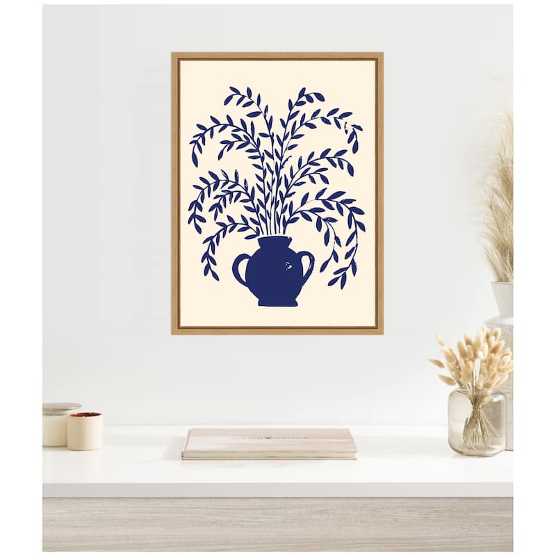 Kate and Laurel Blue Botanical Vase Aurelia 009 by Vicky Yorke Framed Canvas Wall Art Print