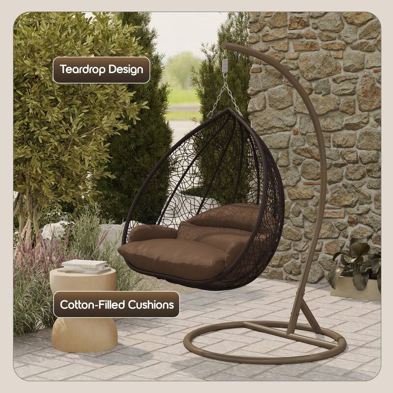2-Person Egg Swing Chair in Brown Stainless Steel 2-Seater Porch Swing with Stand for Outdoor and Indoor - 77.95" Height
