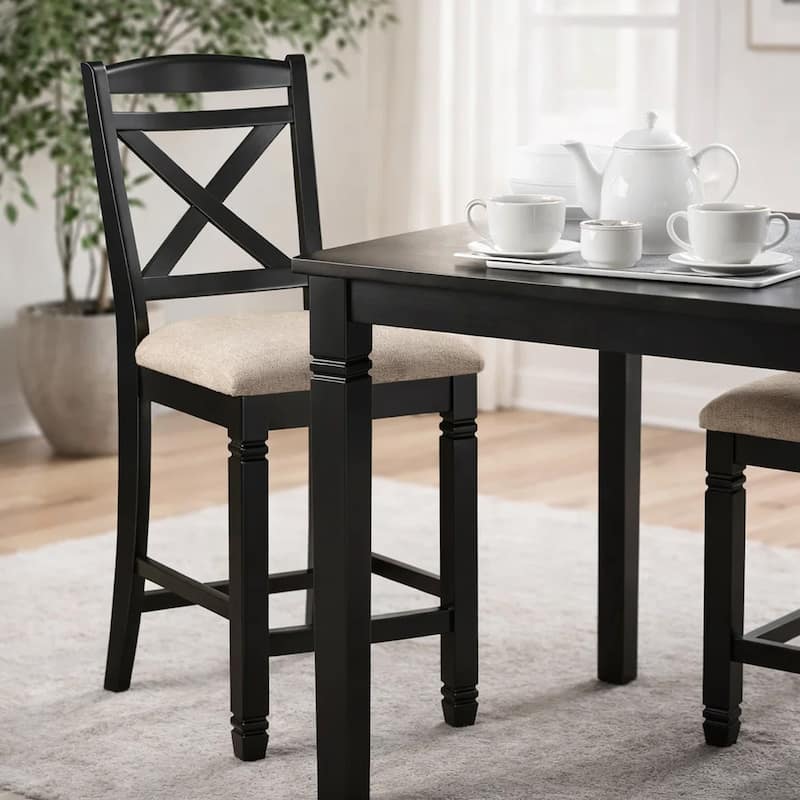 Fabric Upholstered Set of 2 Wooden Counter Height Chairs with X Design Backrest, Brown