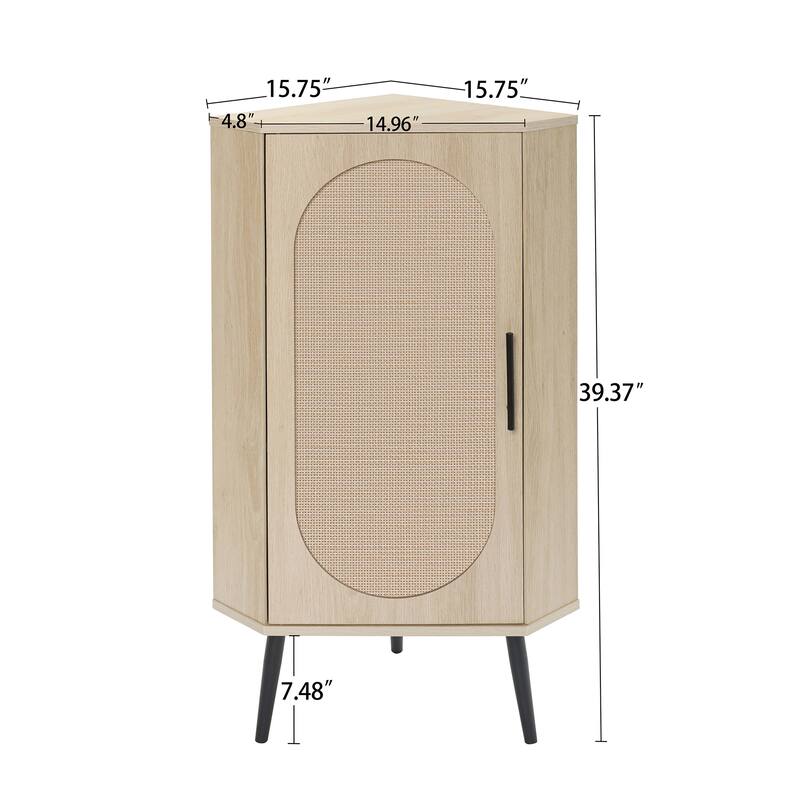 Roomfitters Corner Cabinet with Rattan Door, Freestanding Storage Shelf Stand for Small Spaces