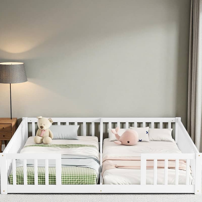 Double Twin Floor Bed with Fence and Guardrails, Solid Pine Wood Frame Montessori Bed for Kids - White - Twin