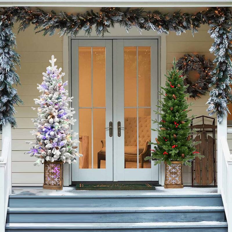 4ft Flocked Christmas Tree With Multicolour Led Lights,396 Tips,100 Lights,Pe/Pvc Tips With Pine Cones-Light-Up Colorful Basin