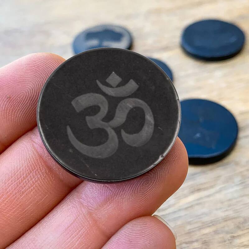 Black Karelian Shungite Gemstone Home Indoor Decoration Round OM Tile - 3.94 inches