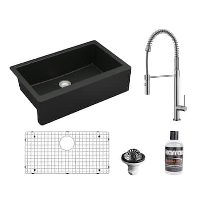 Karran All-in-One Farmhouse/Apron-Front Quartz 34 in. Single Bowl Kitchen Sink in Black with Faucet KKF220 in Stainless Steel