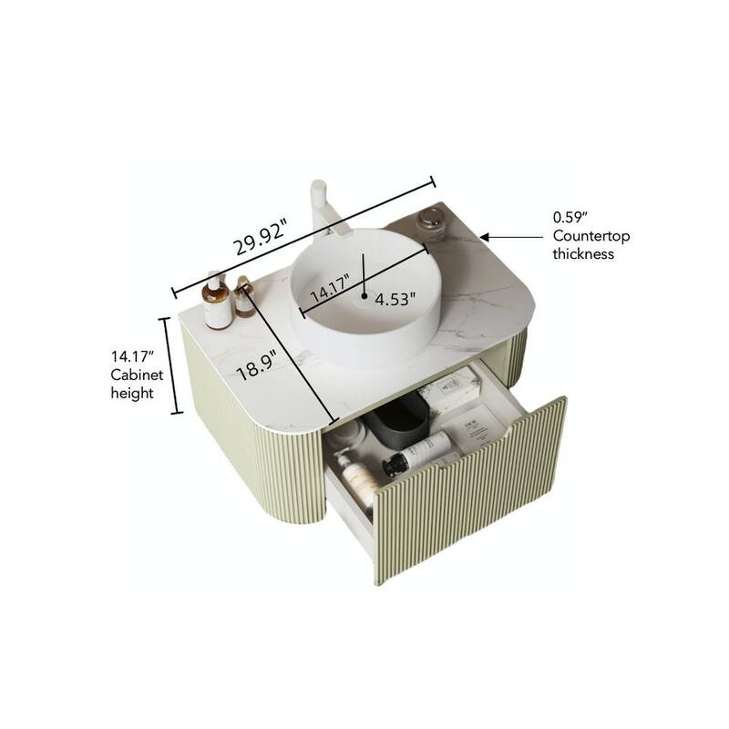 GDFStudio - Dina Modern 30" Floating Bathroom Vanity with Striped Curved Drawer & White Round Ceramic Basin, WITHOUT Faucet