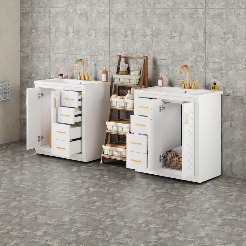 60 Inch Bathroom Vanity Set with Ceramic Sink, Solid Wood Frame Freestanding Cabinet with Soft Close Doors and Drawers