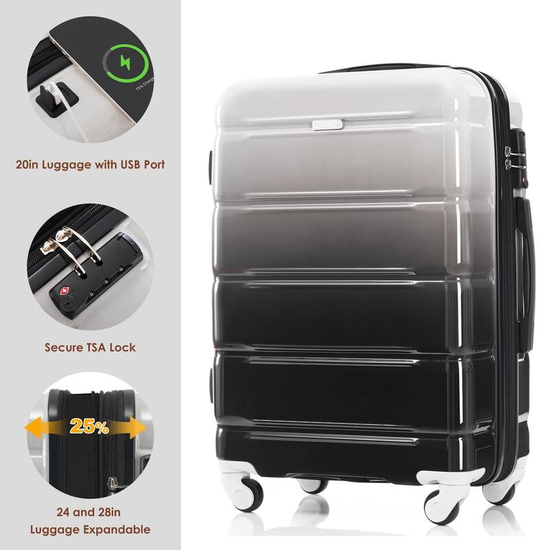 Luggage Set of 3, ABS+PC Hard Shell Carry-on Suitcases with Cup Holder and USB Port & Spinner Wheels, for Men Women Travel