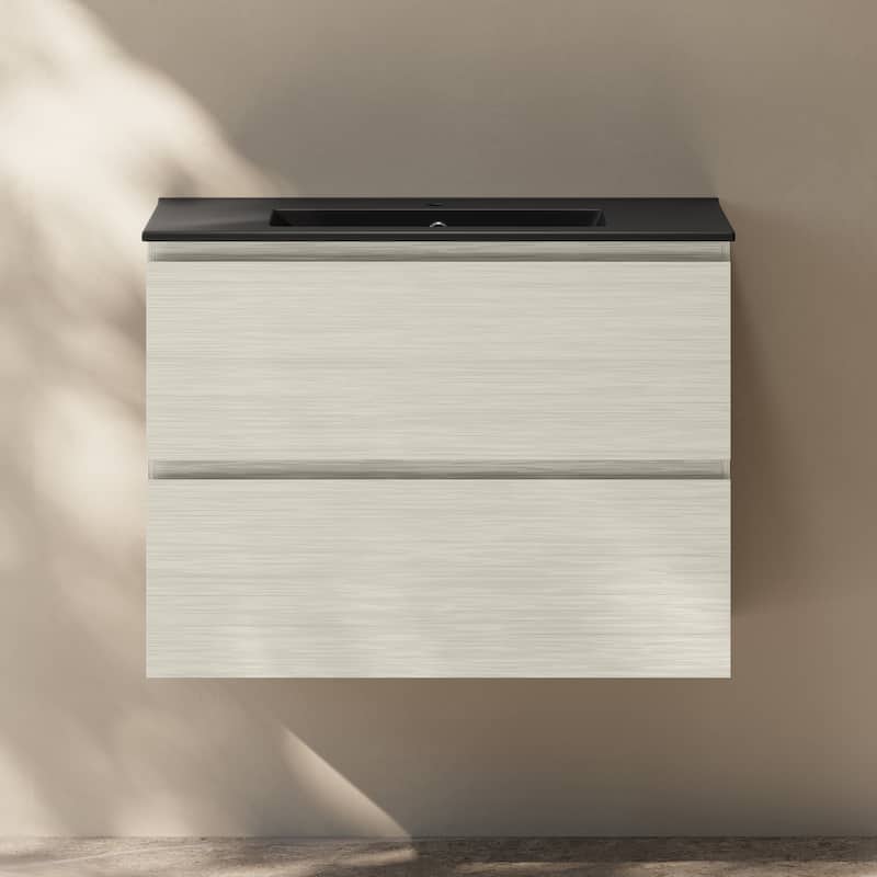 Liberte 30" Wall-Mounted Bathroom Vanity In White Oak With Black Sink Top - 30