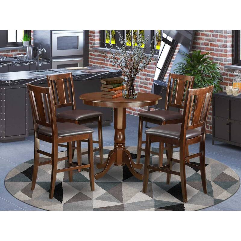 HomeStock 5-Piece Round Mahogany Finish Solid Wood Top Dining table with 4 Chairs with Lattice Back