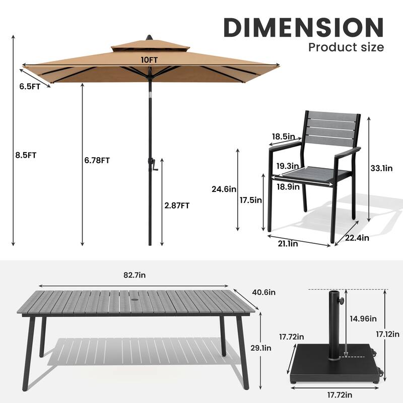 11-Piece Outdoor Dining Set 8 Stackable Chairs and Aluminum Table w/ 10 ft Umbrella and Base Stand