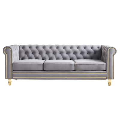 Chesterfield Velvet Sofa 84.65 Inch For Living Room Light Grey Color