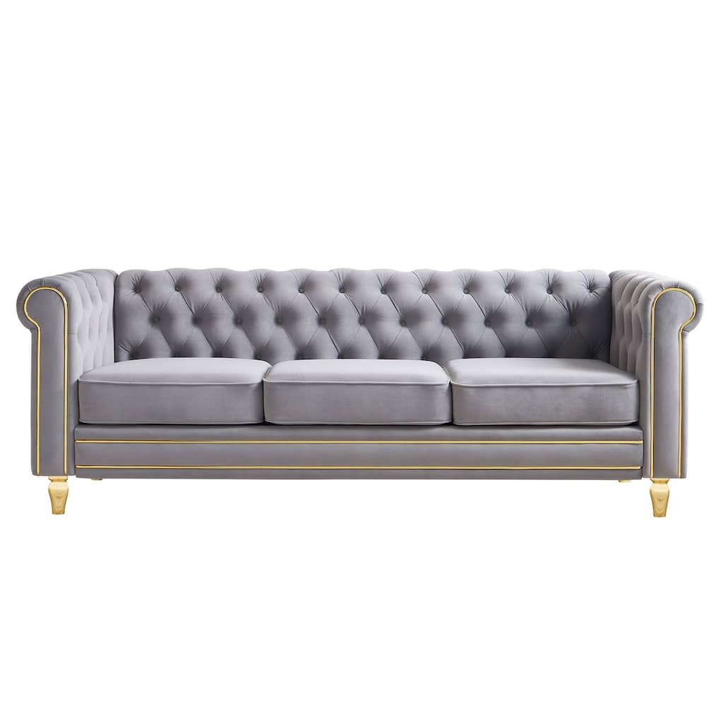 Chesterfield Velvet Sofa 84.65 Inch For Living Room Light Grey Color