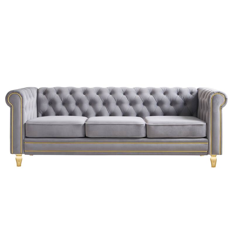 Chesterfield Velvet Sofa with Golden Decorative Strip for Living Room - Light Grey