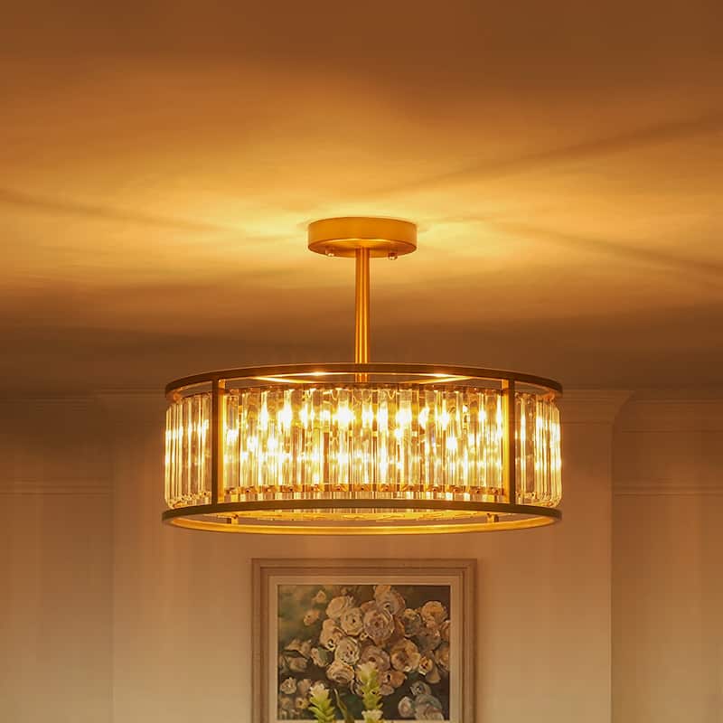 4-Light Mid-Century Modern Black/Gold Drum Crystal Semi-Flush Mount Ceiling Light