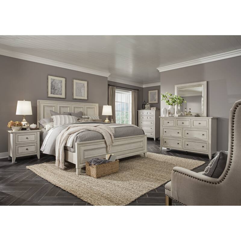 Magnussen Home Raelynn Weathered White Drawer Dresser With Portrait Concave Framed Mirror