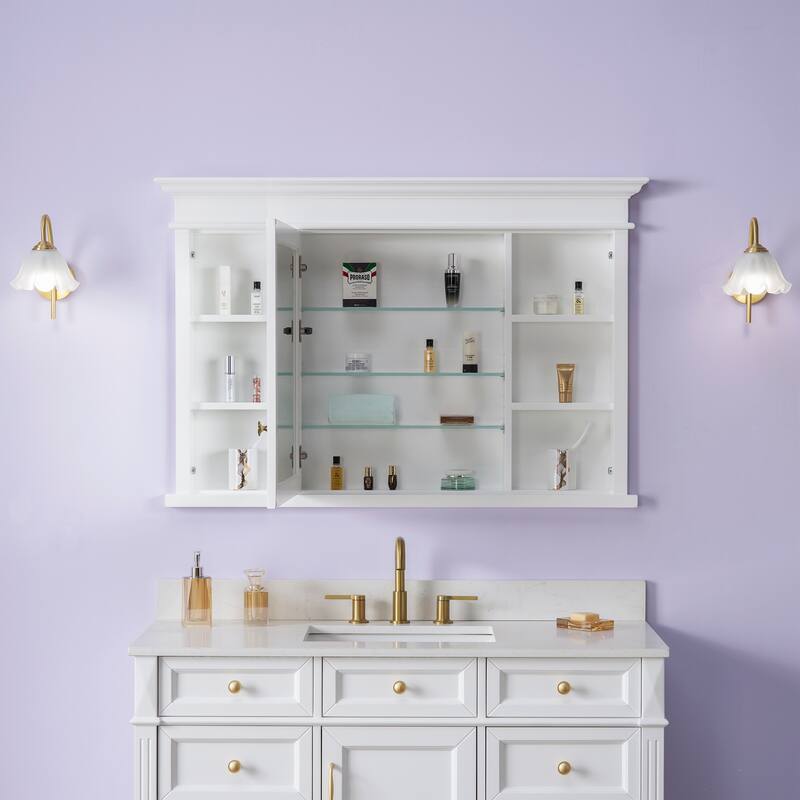 32''H Recessed Mount Solid Wood Framed Medicine Cabinet With Mirror And Shelves
