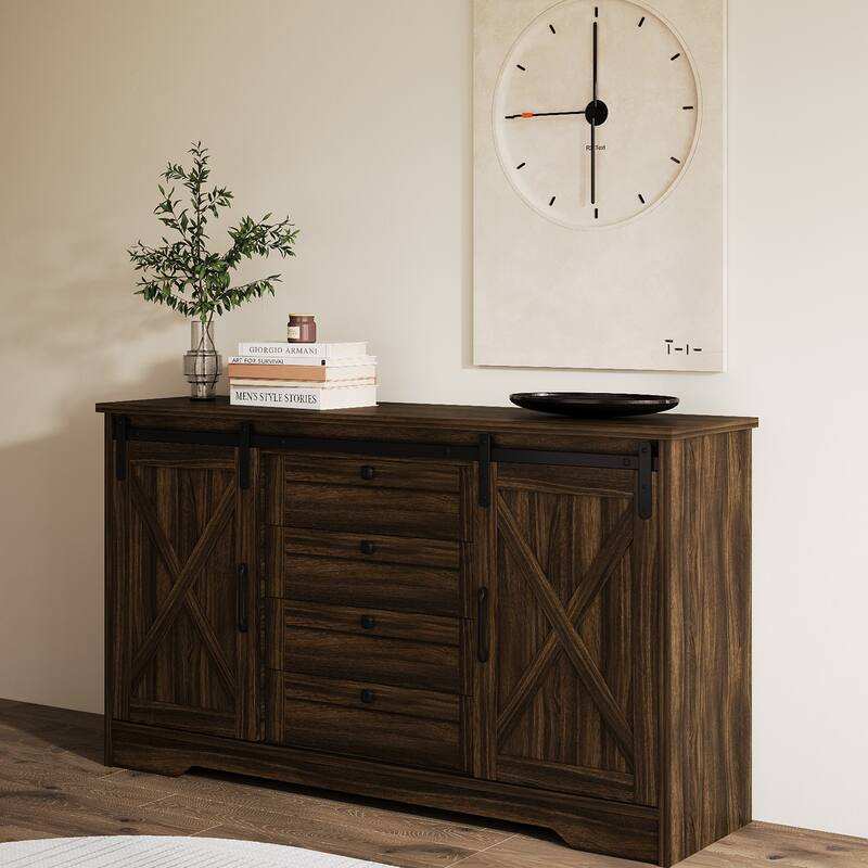 JASIWAY Barn Buffet Sideboard Cabinet with 2 Doors and 4 Drawers