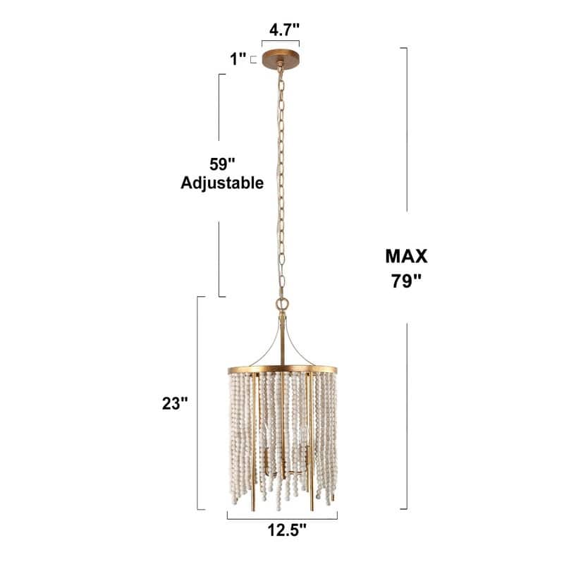 Mid-century Modern Chandelier Drum Pendant Light with Distressed White Wood Beads Bedroom Entryway Dining room - D 12.5"x H 23"