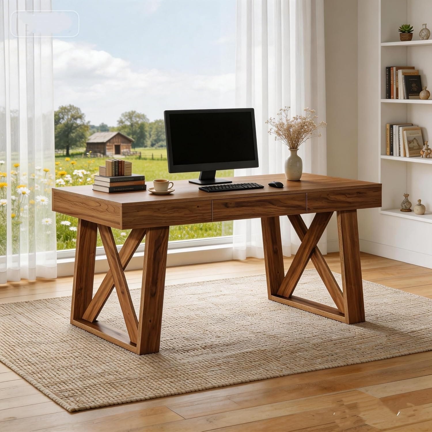 55" Walnut Wooden Computer Desk, Mid-Century Farmhouse Office Workstation with Storage Drawers